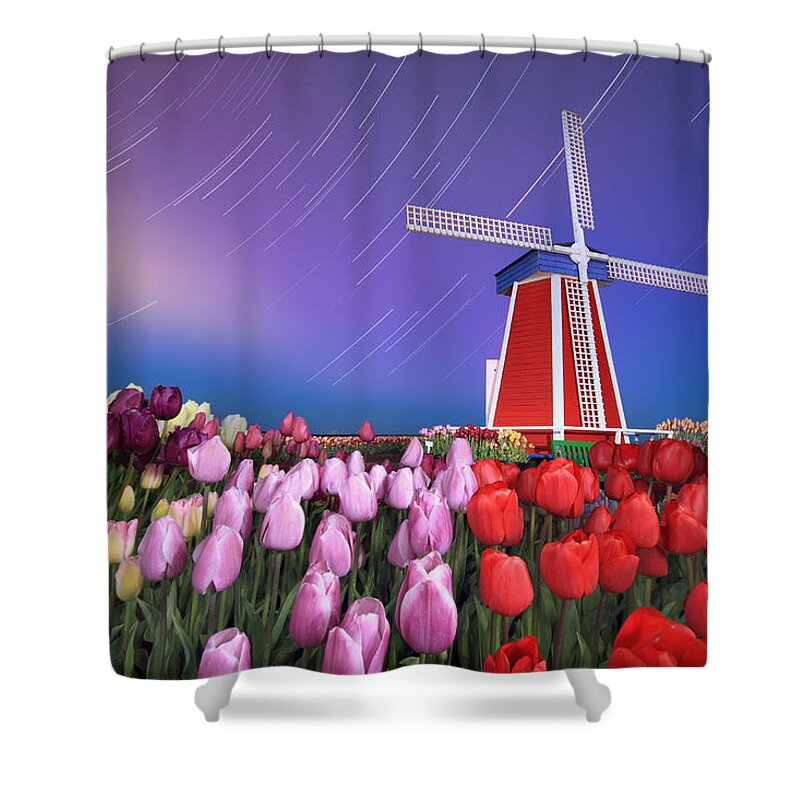 Star Shower Curtain featuring the photograph Star trails windmill and tulips by William Lee