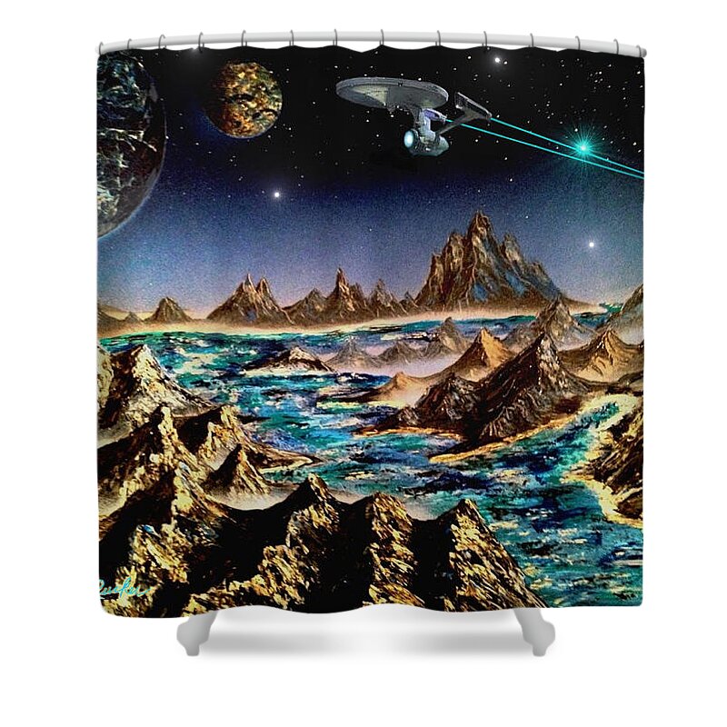 Star Trek Shower Curtain featuring the painting Star Trek - Orbiting Planet by Michael Rucker