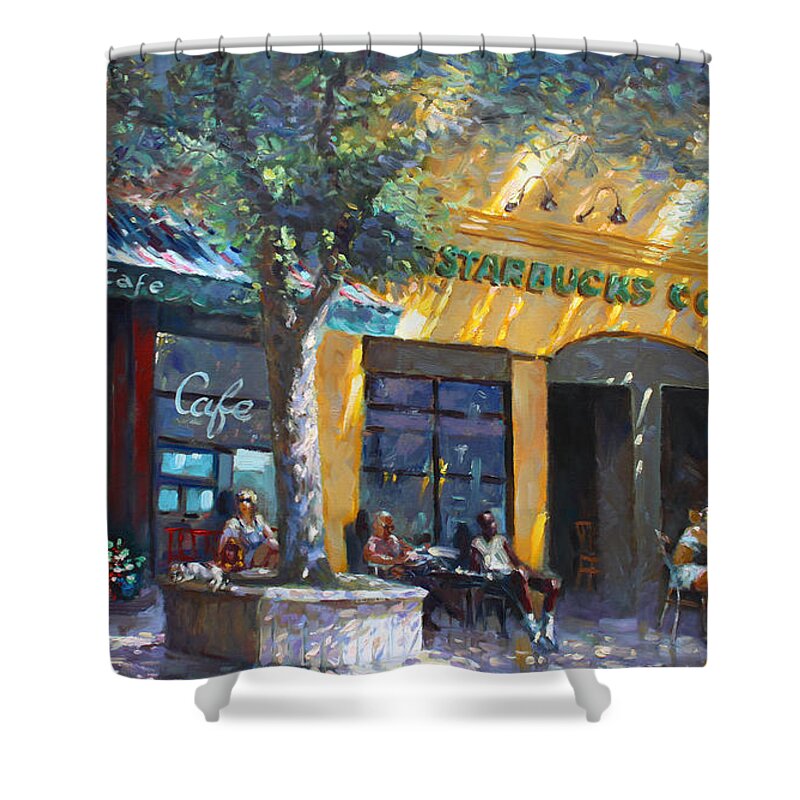 Sturbucks Shower Curtain featuring the painting Starbucks Hangout Nyack NY by Ylli Haruni