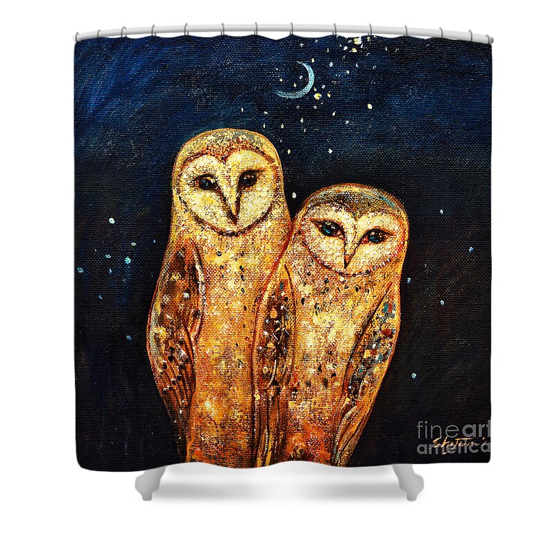 Owl Shower Curtain featuring the painting Starlight Owls by Shijun Munns