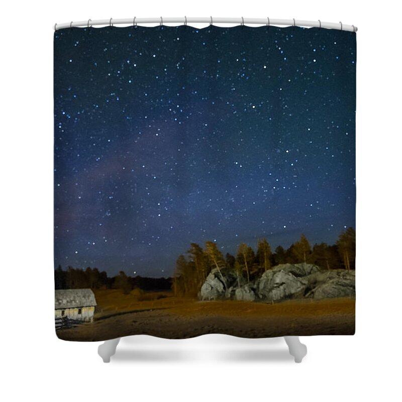 Night Shower Curtain featuring the photograph Stars over Outlaw Ranch by Greni Graph