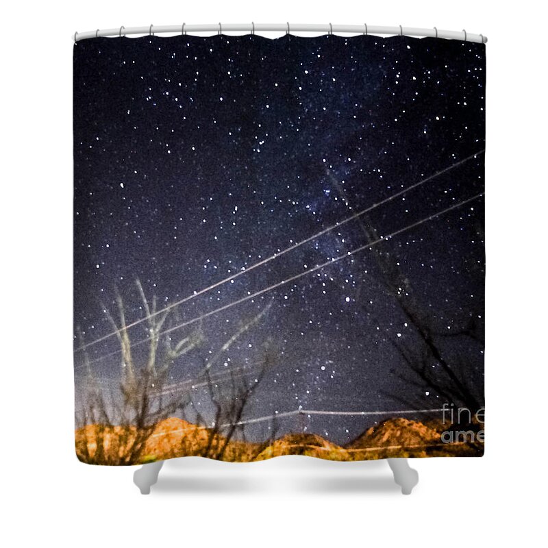 Desert Night Sky Shower Curtain featuring the photograph Stars Drunk on LightPaint by Angela J Wright