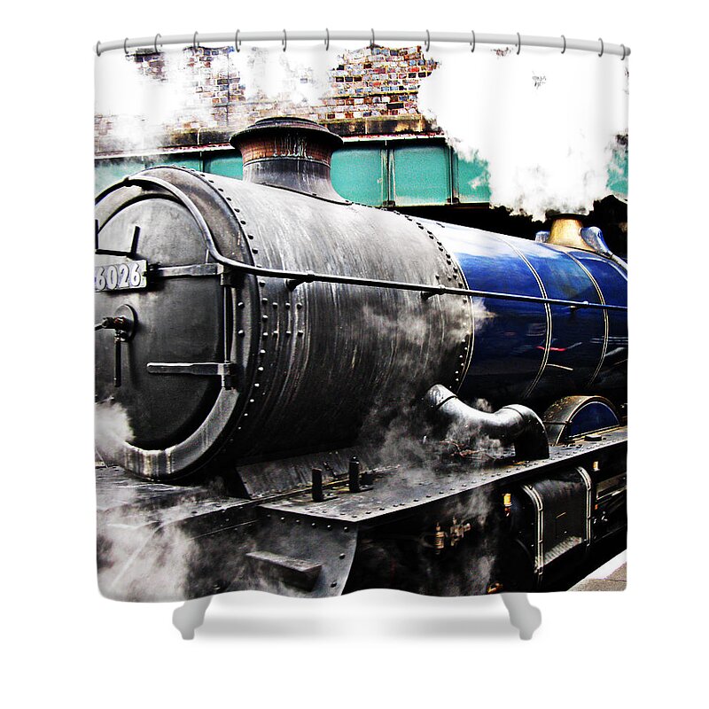 Vintage Shower Curtain featuring the photograph Steam train under the railway bridge by Tom Conway