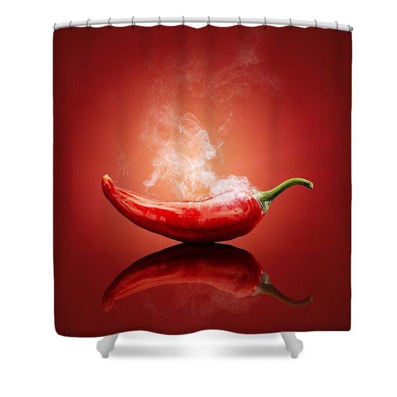 Chillichiliredsmokesmokinghotburnburningsteamsteamingcapsicumcayennejalapenopaprikapeppergradientbackgroundreflectionreflectivetablestudioshotvegetablefreshconceptconceptualstilllifefoodripeimageonenobodyphotographindoors001019xs Shower Curtain featuring the photograph Steaming hot Chilli by Johan Swanepoel