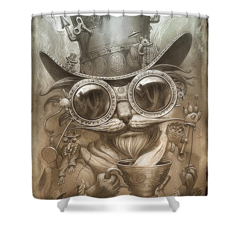 Steampunk Shower Curtain featuring the painting Steampunk Cat by Jeff Haynie