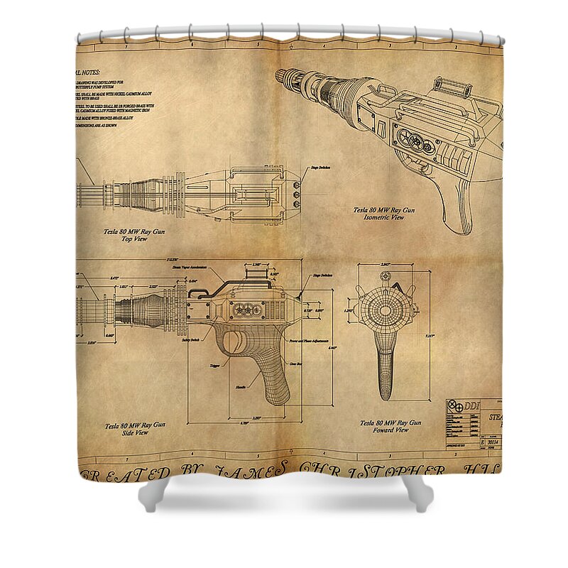 Steampunk; Gears; Housing; Cogs; Machinery; Lathe; Columns; Brass; Copper; Gold; Ratio; Rotation; Elegant; Forge; Industry; Plasma Shower Curtain featuring the painting Steampunk Raygun by James Christopher Hill