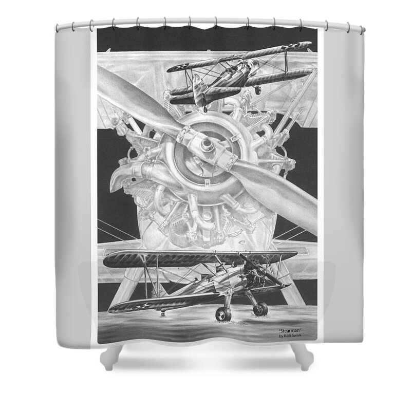 Waco Ymf Shower Curtain featuring the drawing Stearman - Vintage Biplane Aviation Art by Kelli Swan