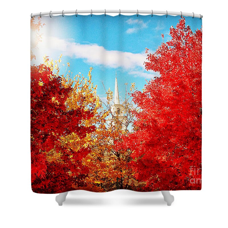 Nature Shower Curtain featuring the photograph Steeple with Red and Yellow Autumn Trees by Miriam Danar