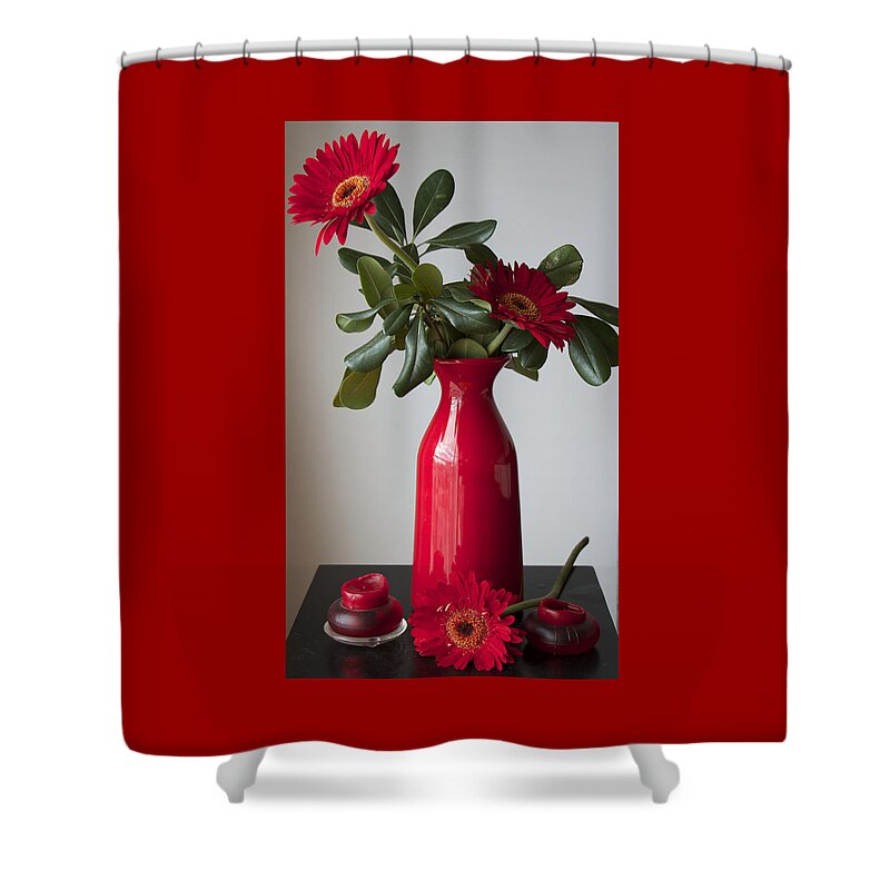 Flowers Shower Curtain featuring the photograph Still Life Flower Study in Red by Venetia Featherstone-Witty