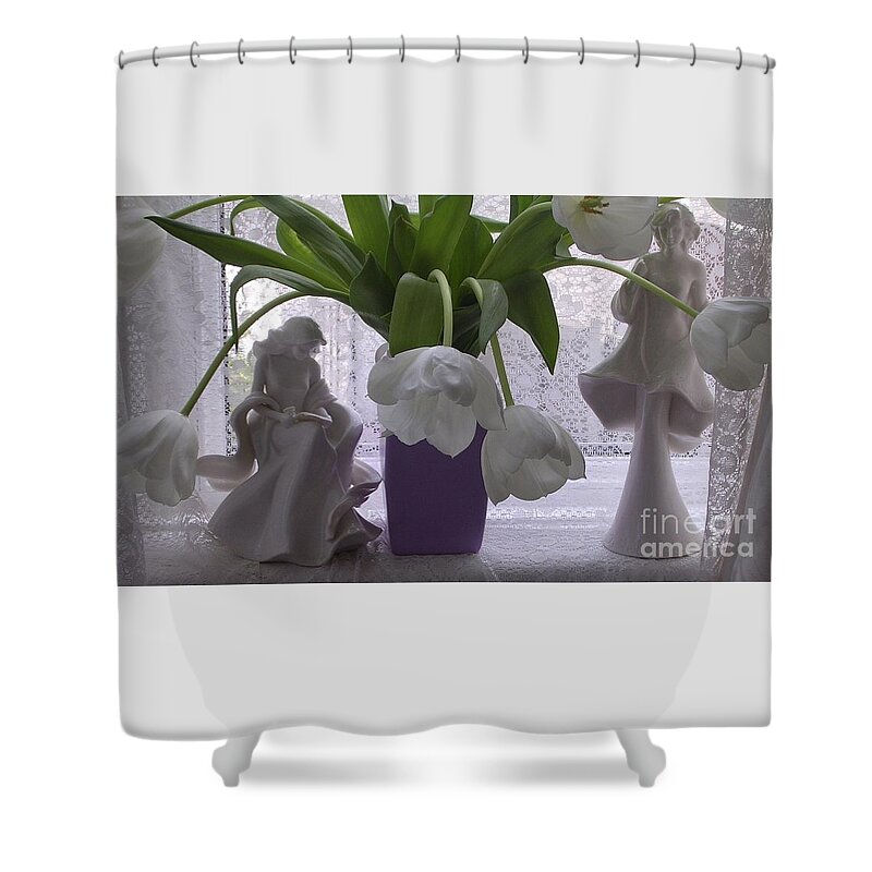 Figurines Shower Curtain featuring the photograph Still life Tulips and Lace by Joan-Violet Stretch