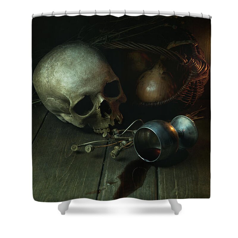 Still Life Shower Curtain featuring the photograph Still life with human skull and silver chalice by Jaroslaw Blaminsky