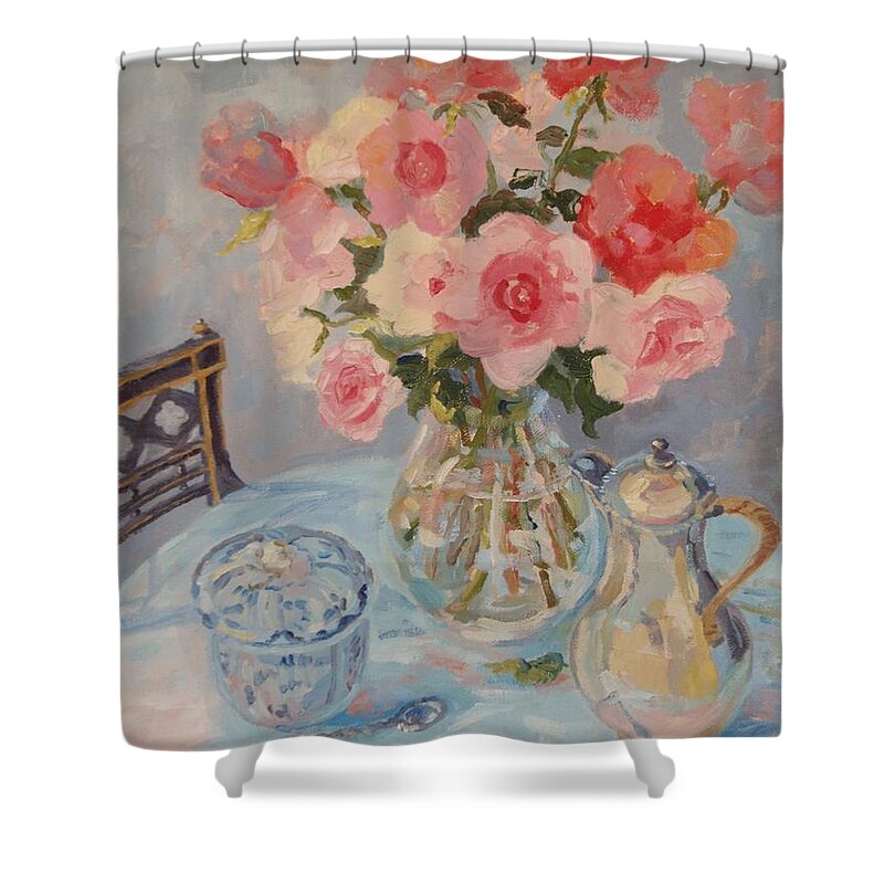 Pink And Orange Pink Roses Shower Curtain featuring the painting Still life with Pink Roses 2012 by Elinor Fletcher