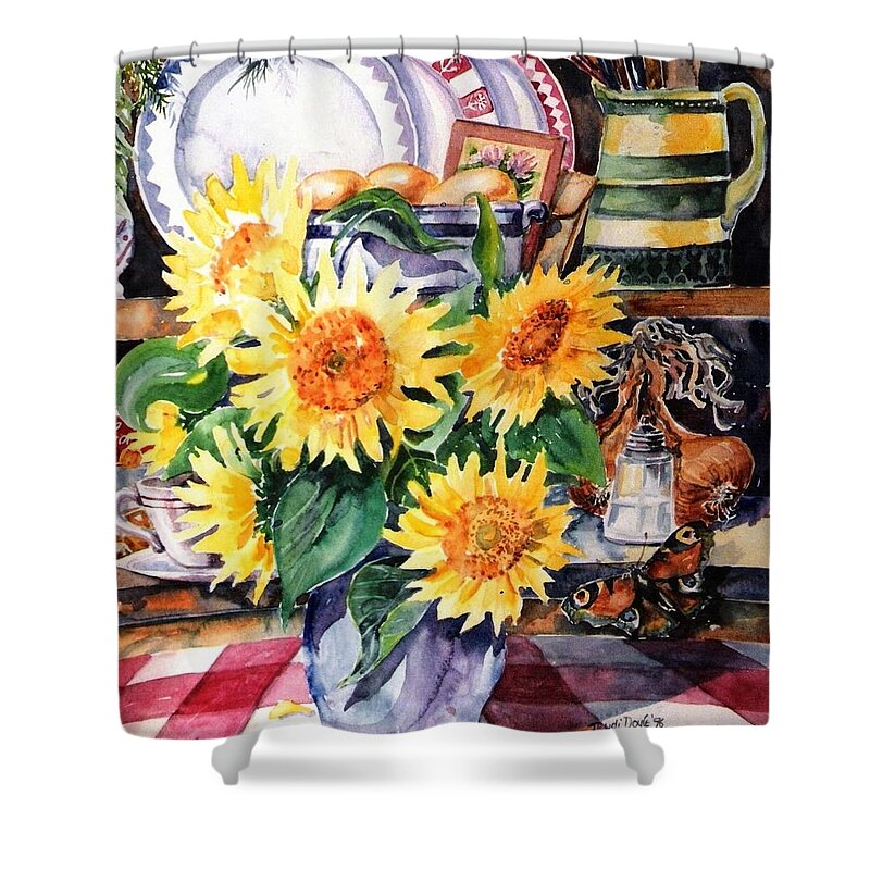 Sunflower Painting Shower Curtain featuring the painting Still lIfe with Sunflowers by Trudi Doyle