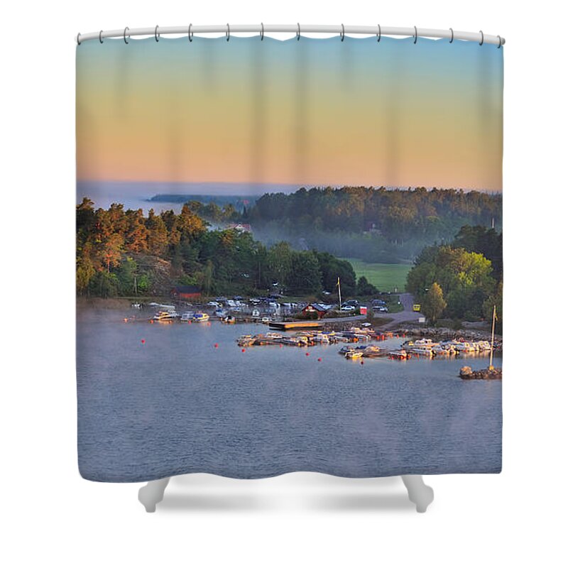 Baltic Sea Shower Curtain featuring the photograph Stockholm Archipelago harbor at dawn panorama Sweden by Marianne Campolongo