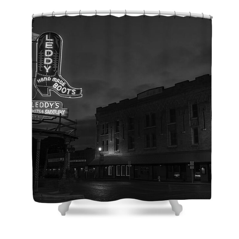 Fort Worth Stockyards Shower Curtain featuring the photograph Stockyards Main and Exchange BW by Jonathan Davison