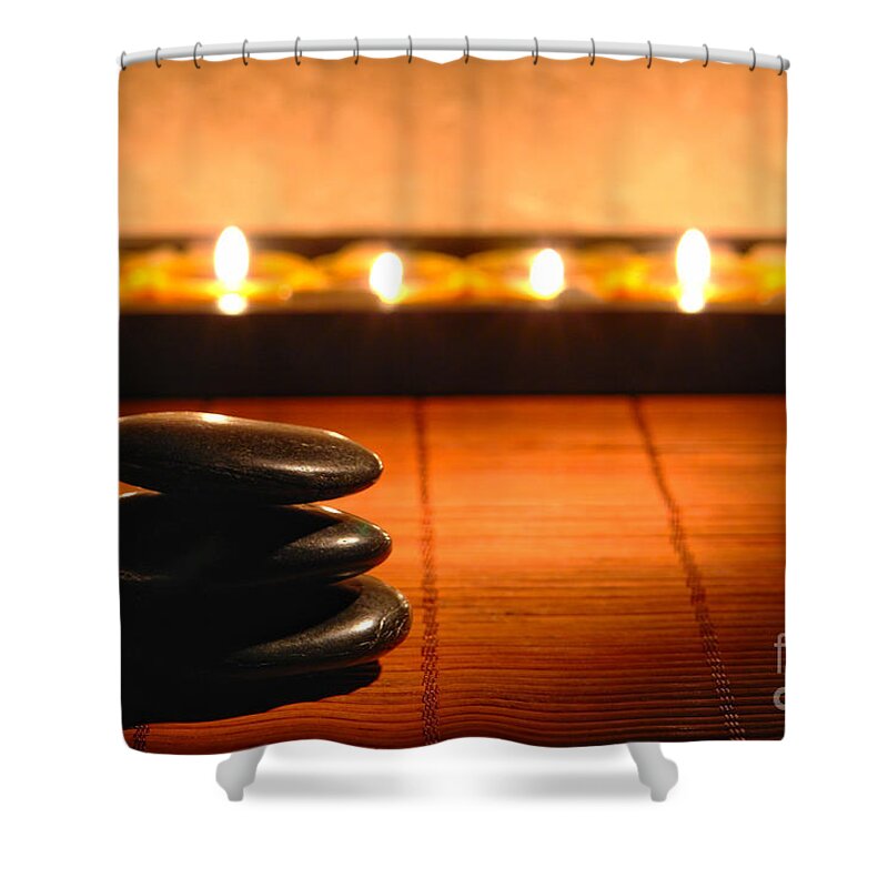 Zen Shower Curtain featuring the photograph Stone Cairn and Candles for Quiet Meditation by Olivier Le Queinec