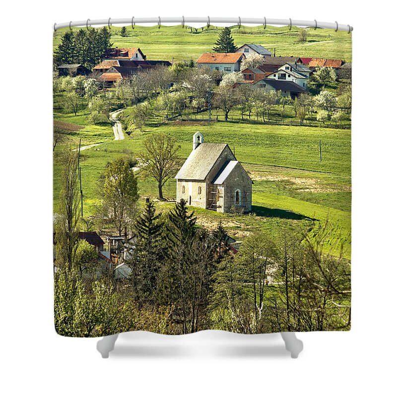 Croatia Shower Curtain featuring the photograph Stone made church in green nature by Brch Photography