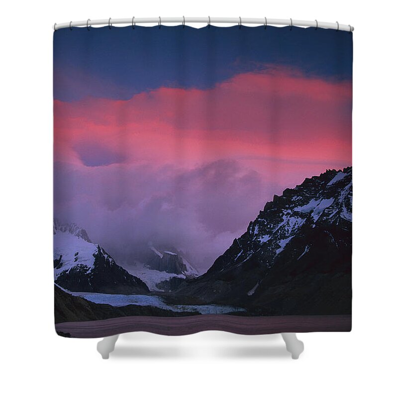 Feb0514 Shower Curtain featuring the photograph Storm At Dawn On Cerro Torre Patagonia by Colin Monteath
