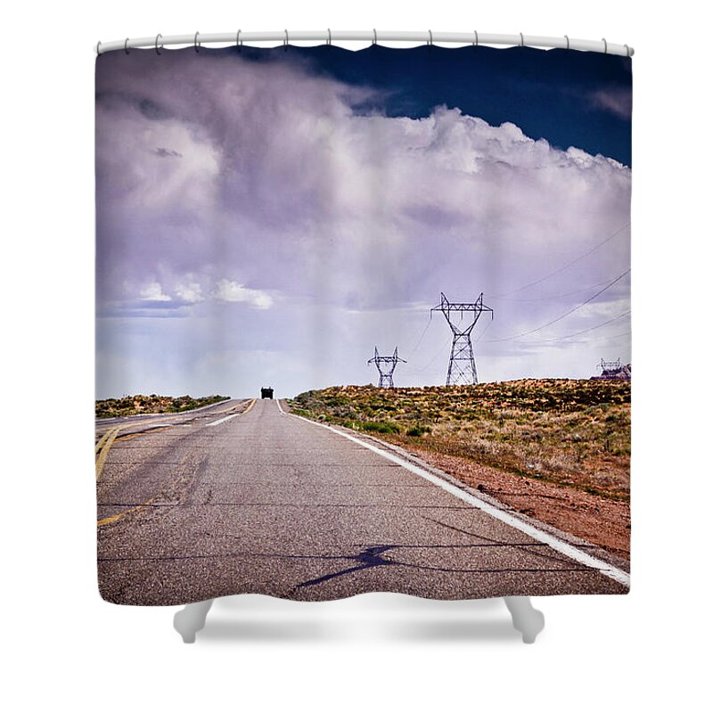 Arizona Shower Curtain featuring the photograph Storm Clouds Hang Over Highway by Www.mileswillis.co.uk