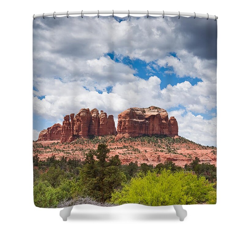 Arizona Shower Curtain featuring the photograph Storm Clouds Over Cathedral Rocks by Jeff Goulden
