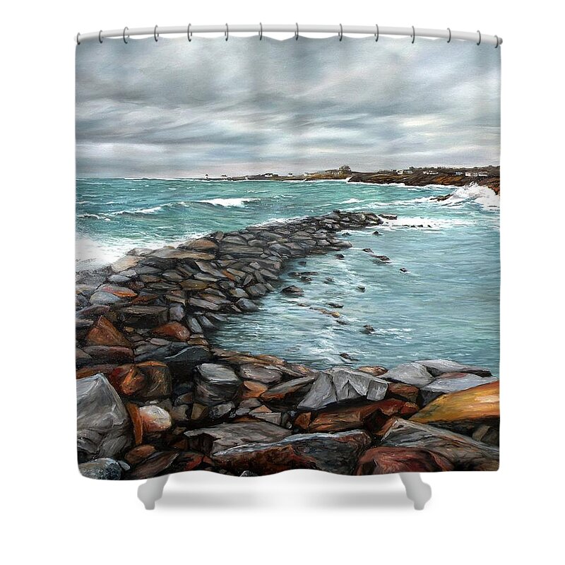 Rockport Shower Curtain featuring the painting Storm in Rockport Harbor by Eileen Patten Oliver