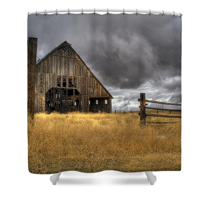 Wasco County Shower Curtain featuring the photograph Storm over Abandoned Barn by Jean Noren
