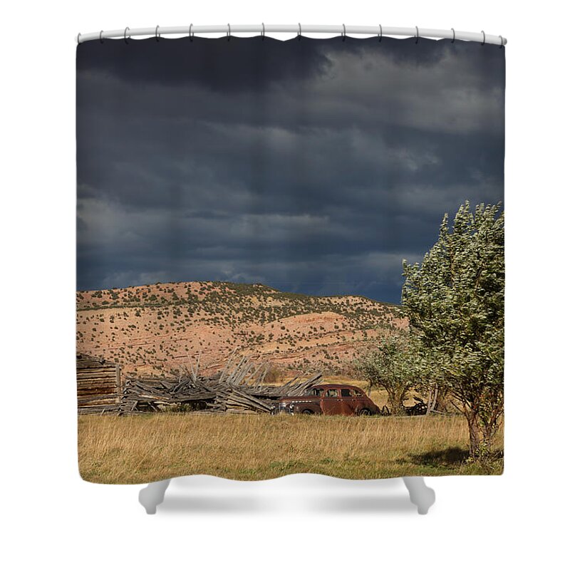 Chevrolet Shower Curtain featuring the photograph Storm Whipping Desert Homestead by Kathleen Bishop
