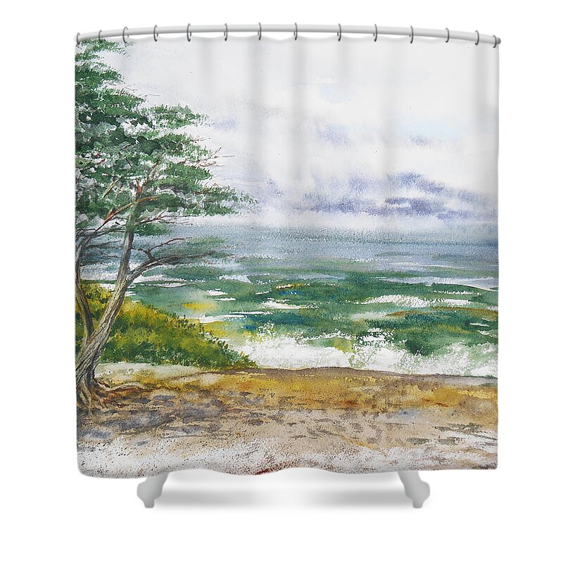 Seascape Shower Curtain featuring the painting Stormy Morning At Carmel By The Sea California by Irina Sztukowski