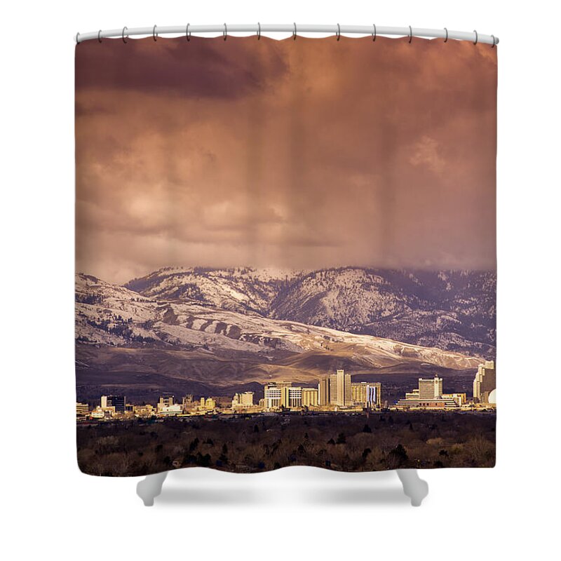reno Downtown Shower Curtain featuring the photograph Stormy Reno Sunrise by Janis Knight