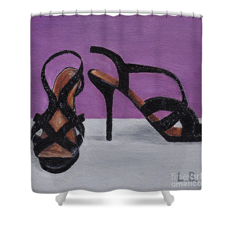 Strappy Shower Curtain featuring the painting Strappy Black Heels for Maddy by Laurel Best