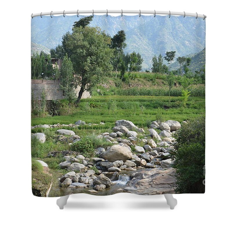 Mountains Shower Curtain featuring the photograph Stream trees house and mountains Swat Valley Pakistan by Imran Ahmed