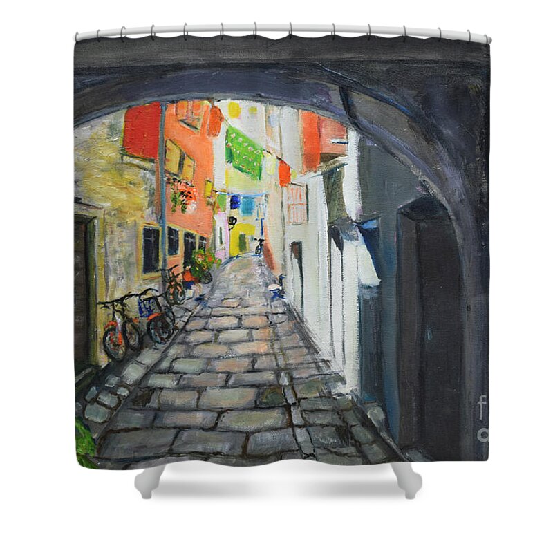 Raija Merila Shower Curtain featuring the painting Street View 2 From Pula by Raija Merila