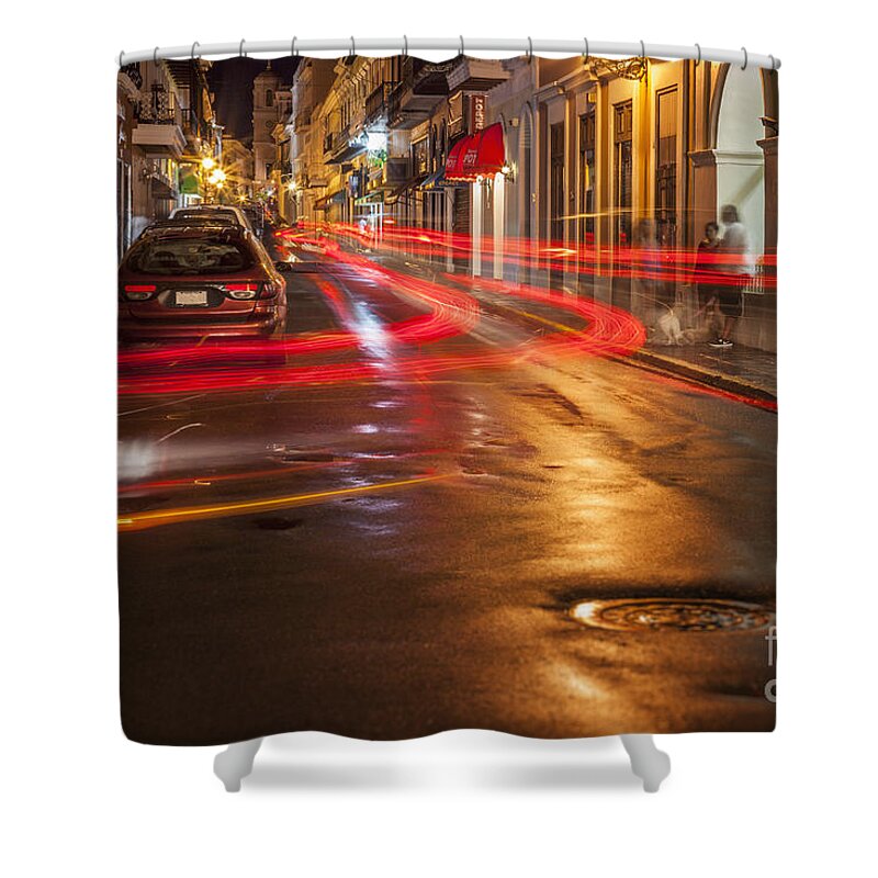 Bright Colour Shower Curtain featuring the photograph Streetscene at Night in Old San Juan Puerto Rico by Bryan Mullennix