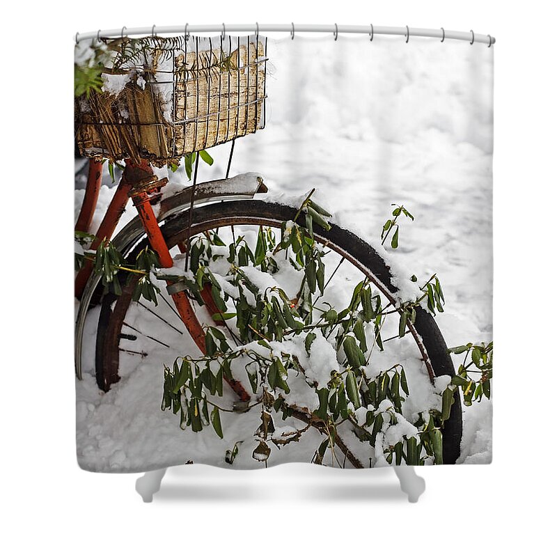 Bicycle Shower Curtain featuring the photograph Stuck Till Spring by Barbara McMahon