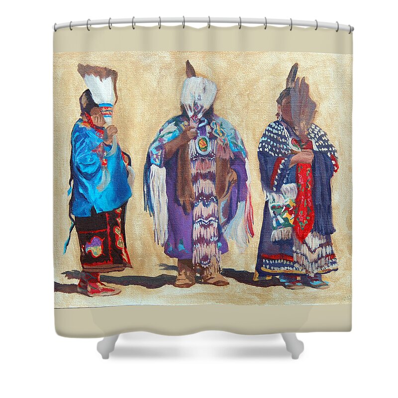 Native American Shower Curtain featuring the painting Study for The Three Sentinels by Christine Lytwynczuk