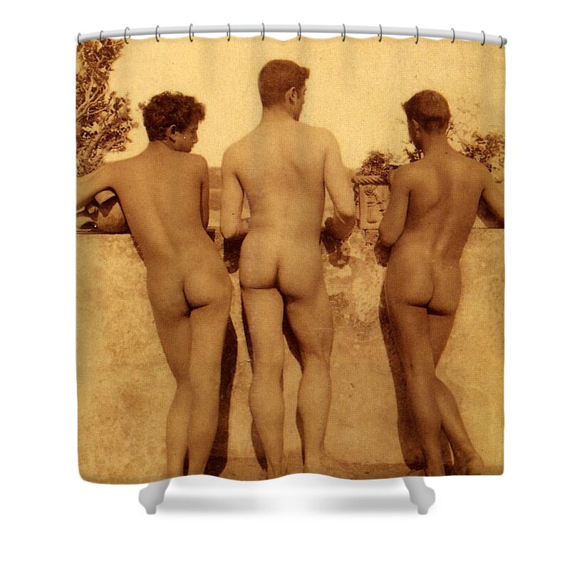 Gloeden Shower Curtain featuring the photograph Study of Three Male Nudes by Wilhelm von Gloeden