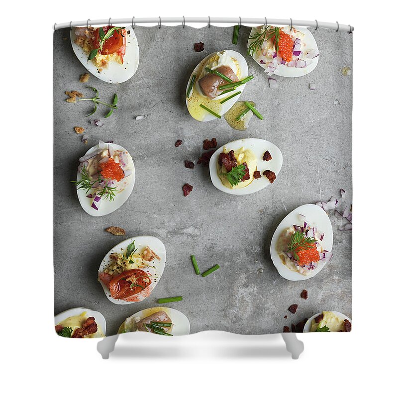 Sweden Shower Curtain featuring the photograph Stuffed Eggs On Grey Background, Sweden by Johner Images