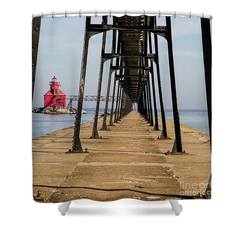Lighthouse Shower Curtain featuring the photograph Sturgeon Bay Breakwall by Nikki Vig