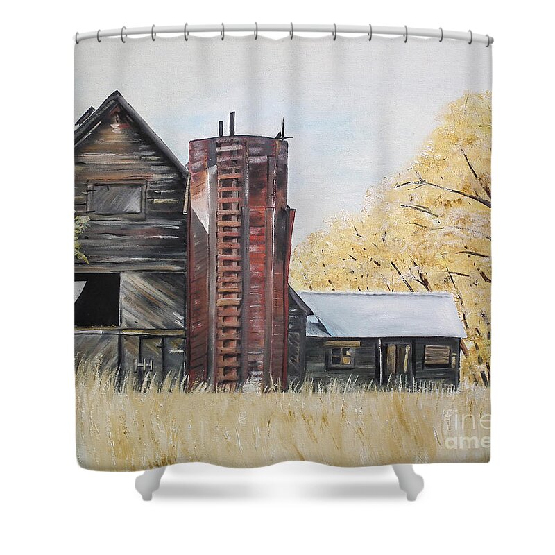 Summer Red Shower Curtain featuring the painting Golden Aged Barn -Washington - Red Silo by Jan Dappen