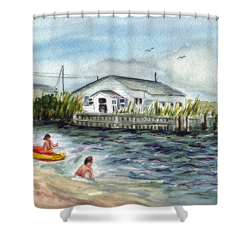 Swimming Shower Curtain featuring the painting Summer fun before Sandy by Clara Sue Beym