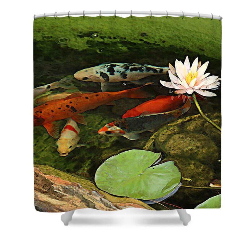 Summer Shower Curtain featuring the photograph Summer Koi and Lilly by Amanda Smith