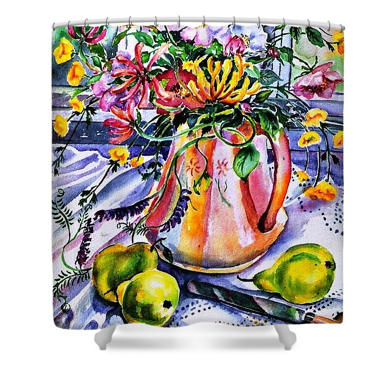  Wild Flowers Shower Curtain featuring the painting Irish Summer Wild Flowers - dog roses-buttercups-honeysuckle -purple vetch by Trudi Doyle