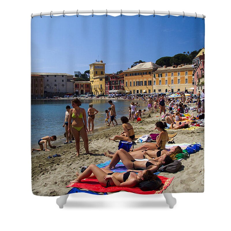 Sestri Levante Shower Curtain featuring the photograph Sun bathers in Sestri Levante in the Italian Riviera in Liguria Italy by David Smith