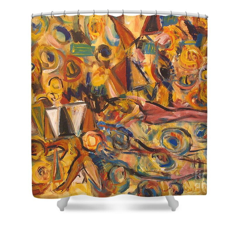 Land Scape Shower Curtain featuring the painting Sun- Bathing Among Yellow Roses by Fereshteh Stoecklein
