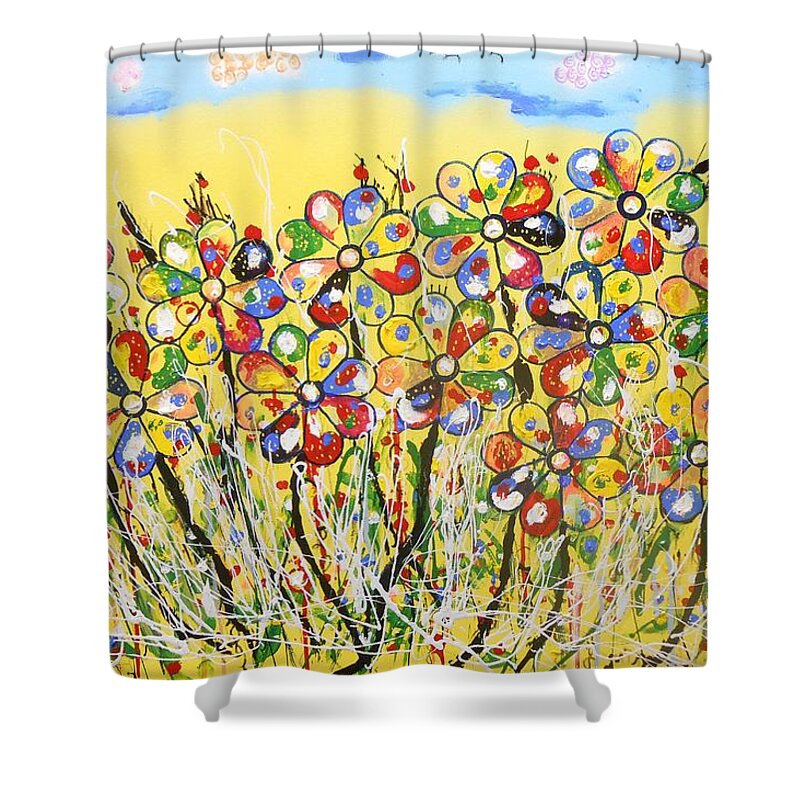 Abstract Shower Curtain featuring the painting Sun-Kissed Flower Garden by GH FiLben