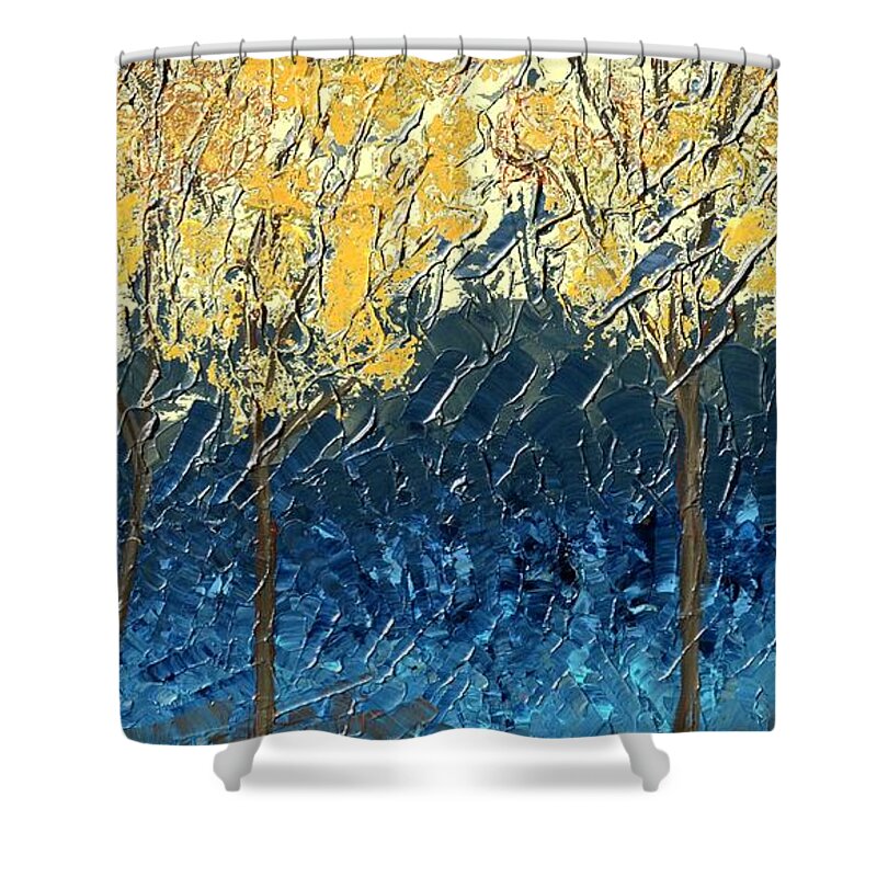 Sundrenched Shower Curtain featuring the painting Sundrenched Trees by Linda Bailey