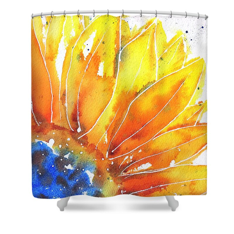 Sunflower Shower Curtain featuring the painting Sunflower Blue Orange and Yellow by Carlin Blahnik CarlinArtWatercolor