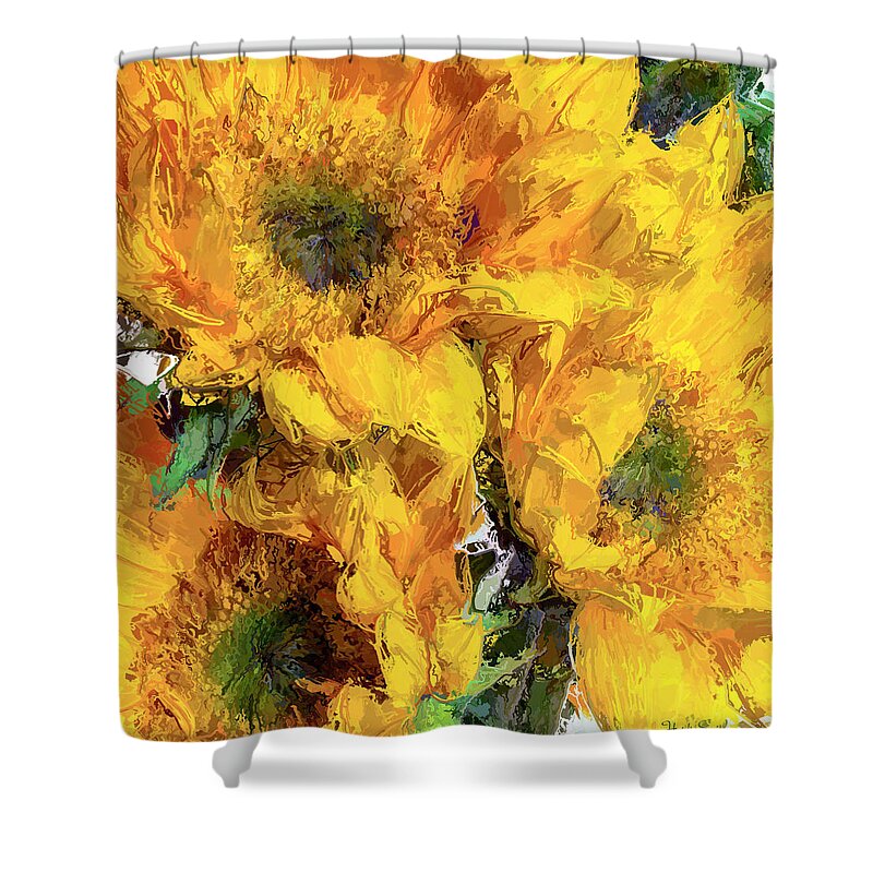 Yellow Shower Curtain featuring the photograph Sunflower Trio Painterly by Heidi Smith