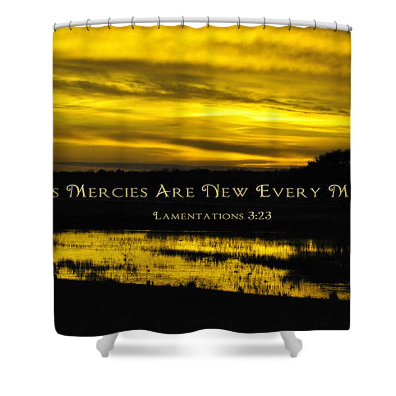 Sunrise Art Shower Curtain featuring the painting Sunrise and New Mercies by Constance Woods