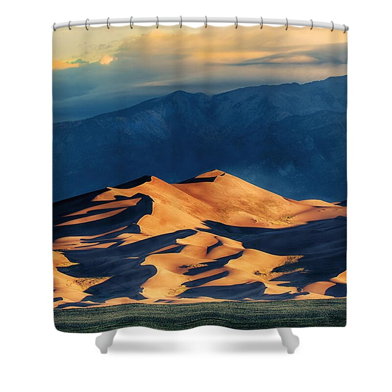 Sunrise At Great Sand Dunes Shower Curtain featuring the photograph Sunrise at Great Sand Dunes by Priscilla Burgers